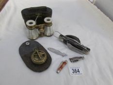 A mixed lot including Swiss army knife, mother of pearl opera glasses,