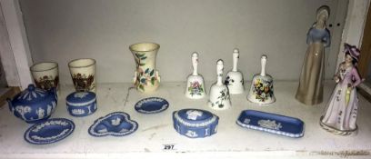 A mixed lot of Wedgwood Jasper ware, china bells, commemorative china, figures etc.