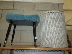 A Loom style linen bin and a retro stool.