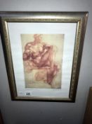 A framed and glazed print,.