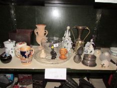 A shelf of miscellaneous china, glass etc.