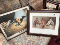 A framed and glazed horse print and greyhound print.