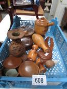 A quantity of fine carved wood items including lidded pot,.