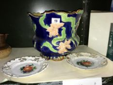 A large majolica jardiniere a/f and 2 ribbon plates.