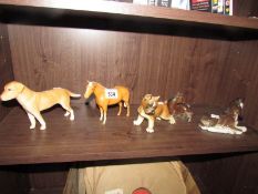 3 horse figures and 2 dog figures (1 has chip on ear).