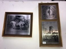 An etched picture of a horse and a wall clock.