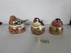 3 Royal Crown Derby paperweights, Bullfinch, Chaffinch and Goldfinch nesting birds.