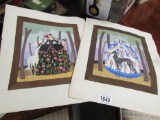 2 unframed watercolour illustrations of ladies with dogs, signed Coleth.