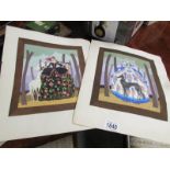 2 unframed watercolour illustrations of ladies with dogs, signed Coleth.