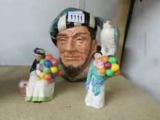 A Royal Doulton character jug 'The Falconer' D 6533 together with 2 Royal Doulton miniature street