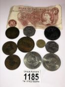 A small collection of old coins and tokens including Ruston, Proctor & Co.