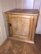 A late Victorian/Edwardian pine cupboard with panelled door opening to reveal a shelf.