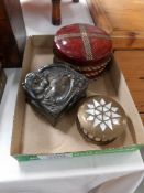 An art nouveau trinket box, a brass inlaid box and a vaseline brass leather bound tin.