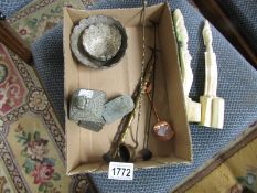 A mixed lot including brass, copper, white metal ware, bone figures etc.