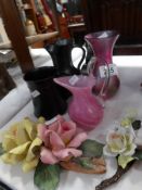 A Prinknash vase, Isle of White vase, tankard, vaseline vase and 2 Capo-di-monte floral models.
