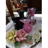 A Prinknash vase, Isle of White vase, tankard, vaseline vase and 2 Capo-di-monte floral models.