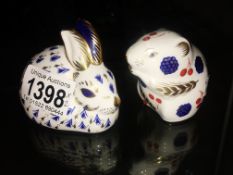 A Royal Crown Derby Baby Rabbit and Harvest Mouse paperweights.