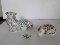 2 Royal Crown Derby paperweights, ram and piglet,.