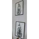 A pair of framed and glazed decorative eastern pictures cut from black paper.