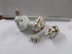 3 Royal Crown Derby paperweights, Snowy Rabbit, Meadow Rabbit and Bank Vole.