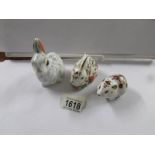 3 Royal Crown Derby paperweights, Snowy Rabbit, Meadow Rabbit and Bank Vole.