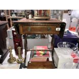 A Lyre end mahogany drop side table with leather inset top and one drawer.