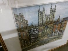 A hand coloured print of Lincoln Cathedral from Castle Square by Lincoln artist Gordon Cumming,