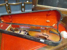 An old violin with one piece back and 'Aubert' bridge,.