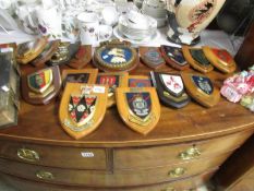 A quantity of family crests on wooden backs.