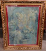 A 20th century oil on canvas of a lady holding a flower in shades of blue with Russian details on