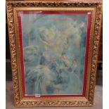 A 20th century oil on canvas of a lady holding a flower in shades of blue with Russian details on