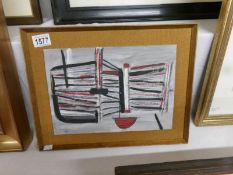 A 20th century St. Ives school acrylic on card abstract title verso 'The Red Boat' framed.