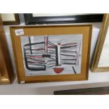 A 20th century St. Ives school acrylic on card abstract title verso 'The Red Boat' framed.