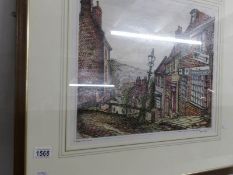 A hand coloured print of Steep Hill Lincoln by Lincoln artist Gordon Cumming, signed and dated 1974.