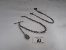 2 silver watch chains with T bars and one with fob.