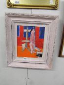 A framed 20th century British school acrylic on canvas board entitled verso 'Red Interior in the