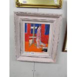 A framed 20th century British school acrylic on canvas board entitled verso 'Red Interior in the