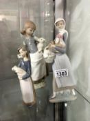 3 Lladro figurines being girl with lamb and basket of flowers,