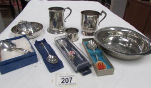 A silver Christening spoon and a mixed lot of silver plate and pewter.