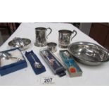 A silver Christening spoon and a mixed lot of silver plate and pewter.