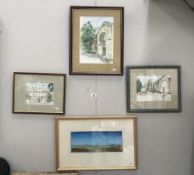 3 watercolours 'Wellingore Hall' by Caroline Crisp and a framed and glazed mixed media painting