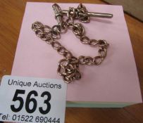 A yellow metal watch chain with 9ct to clasp and indistinct markings to links - all tested as gold