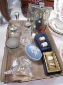 A mixed lot including hip flask, Crown Derby thimbles, cruet bottles etc.