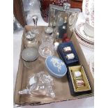 A mixed lot including hip flask, Crown Derby thimbles, cruet bottles etc.