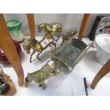 3 brass horses together with a brass horse and dray.