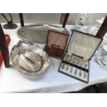 A mixed lot of silver plate including tray, set of cake forks,. pusher set etc.