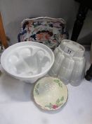 2 white glazed jelly moulds, an ironstone dish and a Crown Devon dish,