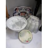 2 white glazed jelly moulds, an ironstone dish and a Crown Devon dish,