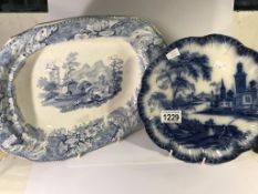 A 19th century flo blue plate and a blue and white Devon platter.