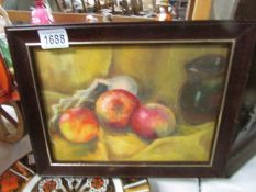 A still life oil on board of apples by Olive Moore.